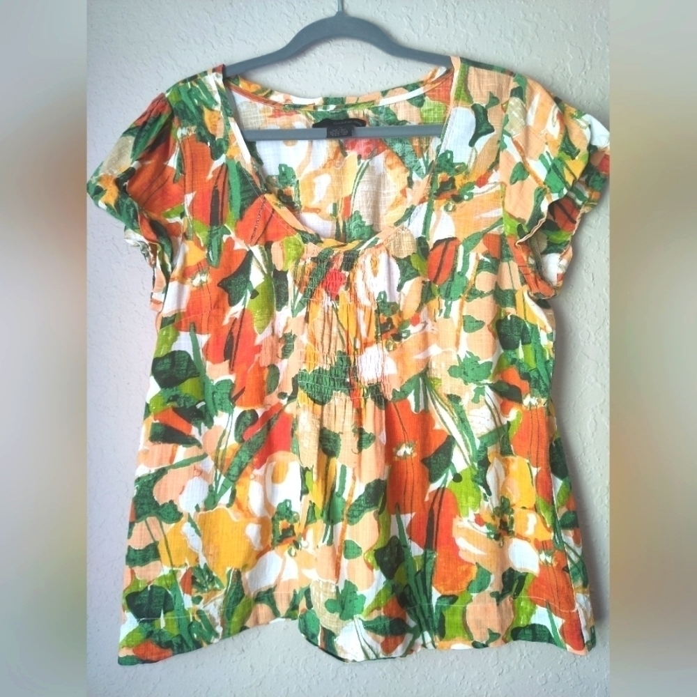 Calvin Klein Floral Linen Top Short Sleeve Round Neckline Size L
